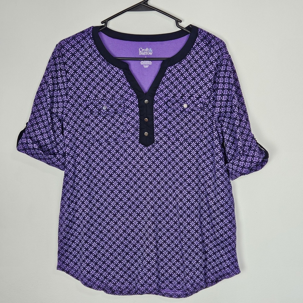 Croft & Barrow Blouse Womens Sz L‎ Geometric Pockets Short Sleeve Cotton Purple